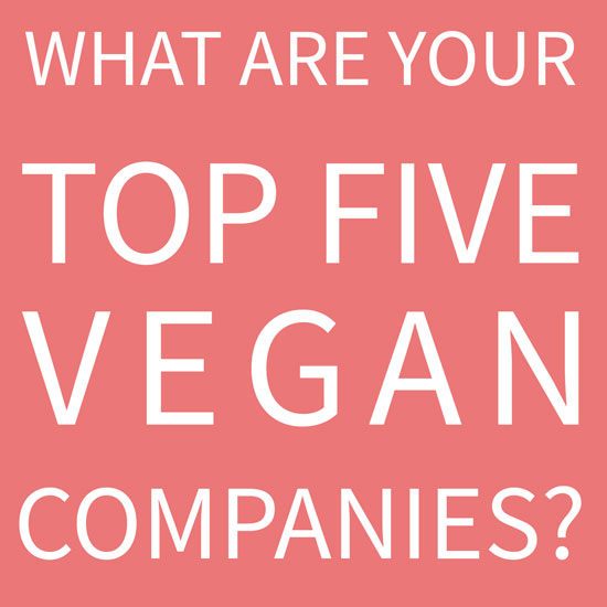 Pale red background with white text in the foreground that says "What are your top five vegan companies?"