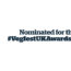 Image contains a white background with a circular logo in the centre-left. Within the logo is a heart on the top and the words "Nominee Vegfest UK Awards 2018" below. On either side of the text, there are two sets of leaves. Below the circle, there is a small banner that says "www.vegfest.co.uk". To the right of the logo, there is black text that says "Nominated for the" on one line and "#VegfestUKAwards2018" on another.