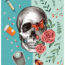 Image contains a white skull with a series of plant leaves and flowers on the right-hand side. On the left, there are pills, a pill bottle, a syringe, and a weight scale.