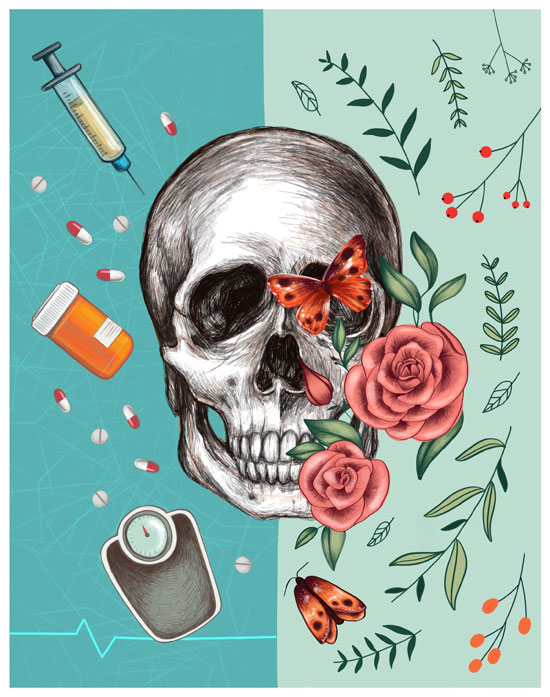 Image contains a white skull with a series of plant leaves and flowers on the right-hand side. On the left, there are pills, a pill bottle, a syringe, and a weight scale.