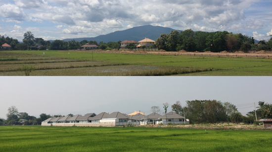Image contains two photos that split the screen horizontally. The photo above shows green rice fields with trees and some buildings in the distance. Farther away in the background, a large dark hill can be seen below some blue clouds. The photo below that contains a similar scene, but the hill is no longer visible and the sky is grey and hazy.