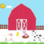 Image contains a red barn in the background. The sun is shining in a clear blue sky behind it. In the foreground, there are four animals: a cow, pig, sheep, and duck.