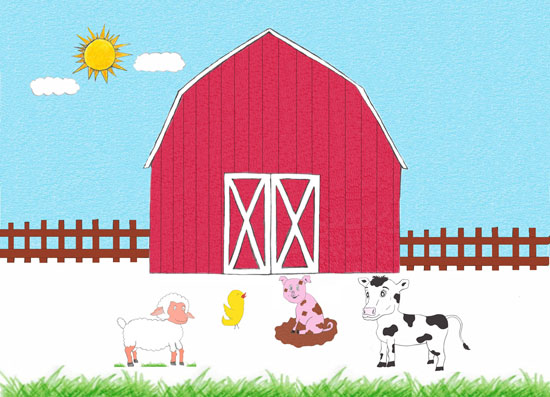 Image contains a red barn in the background. The sun is shining in a clear blue sky behind it. In the foreground, there are four animals: a cow, pig, sheep, and duck.