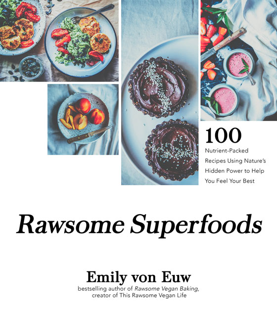 Image contains a white background with a series of four images of food at the top. Below the image on the right-hand side there is black text that says "100 Nutrient-Packed Recipes Using Nature's Hidden Power to Help You Feel Your Besr". Below the images and text, there is centred black text in a bigger font that says "Rawsome Superfoods".