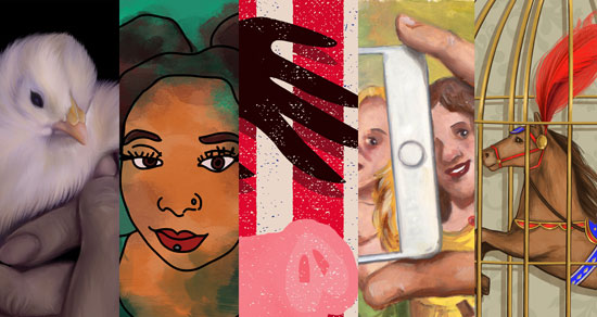 Image contains a series of five panels, all of which have a small portion of an illustration. On the right-hand side, the first panel contains a baby duck being held in two hands. The next panel contains the face of a woman with light brown skin, dark hair, and a piercing in her bottom lip. The next illustration contains a series of red and white vertical bars with a black hand above the snout of a pink pig. The next photo contains the face of two people. One person is visible on the screen of a smartphone, but the other one is being kept out of the photo. The last illustration is that of a small horse in a bird cage. The horse has a bright red feather on its head.