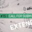 Image contains a notepad with illegible text in black ink and a pen on the left-hand side. In the foreground, there is text in the middle of the screen on a strip of light green that says "T.O.F.U. #15 |" in black and "Call For Submissions" in white. Below the green bar, there is also large white text that says "Extended" in bold letters.