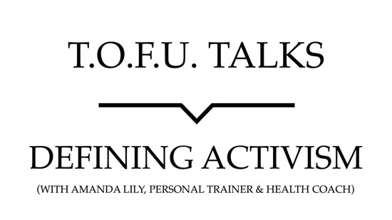 Image contains a white background with black text that says "T.O.F.U. Talks" above a black line with a small indent in the centre pointing below to text that says "Fat Positivity (With Amanda Lily, Personal Trainer & Health Coach)".