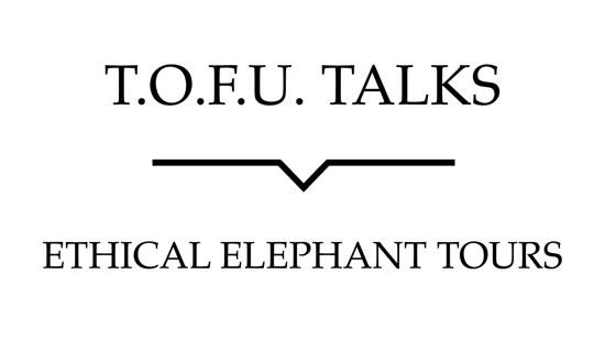 Image contains a white background with black text that says "T.O.F.U. Talks" above a black line with a small indent in the centre pointing below to text that says "Ethical Elephant Tours".