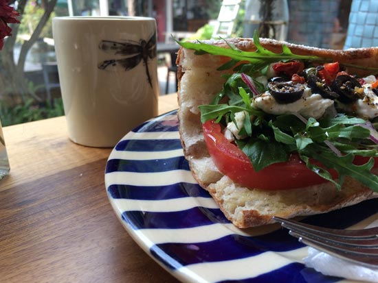 Image contains a photo of a banh mi sandwich with tomato, cilantro, herbs, greens, and a mix of cashew cheese on a plate with blue stripes. In the background, there is a mug with a dragonfly on it.