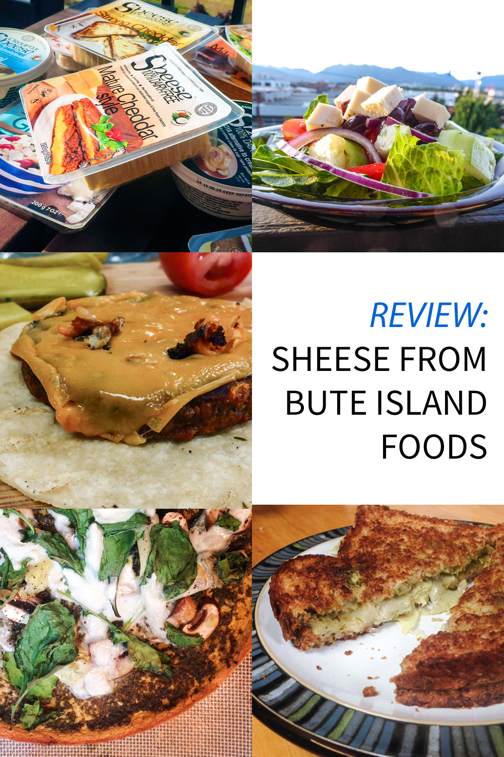 Image contains a grid of photos involving a vegan cheese product called Sheese. In the centred right block, there is text that says "Review: Sheese from Bute Island Foods".