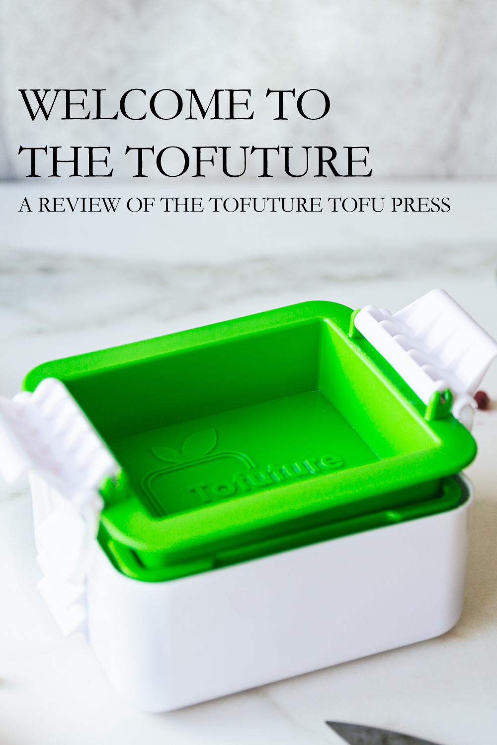 Tofuture tofu press with fruits and vegetables scattered around it.