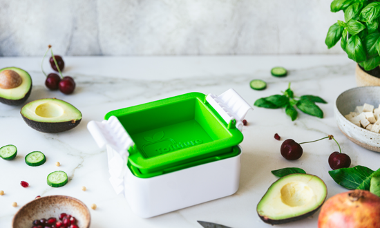 Tofuture tofu press with fruits and vegetables scattered around it.